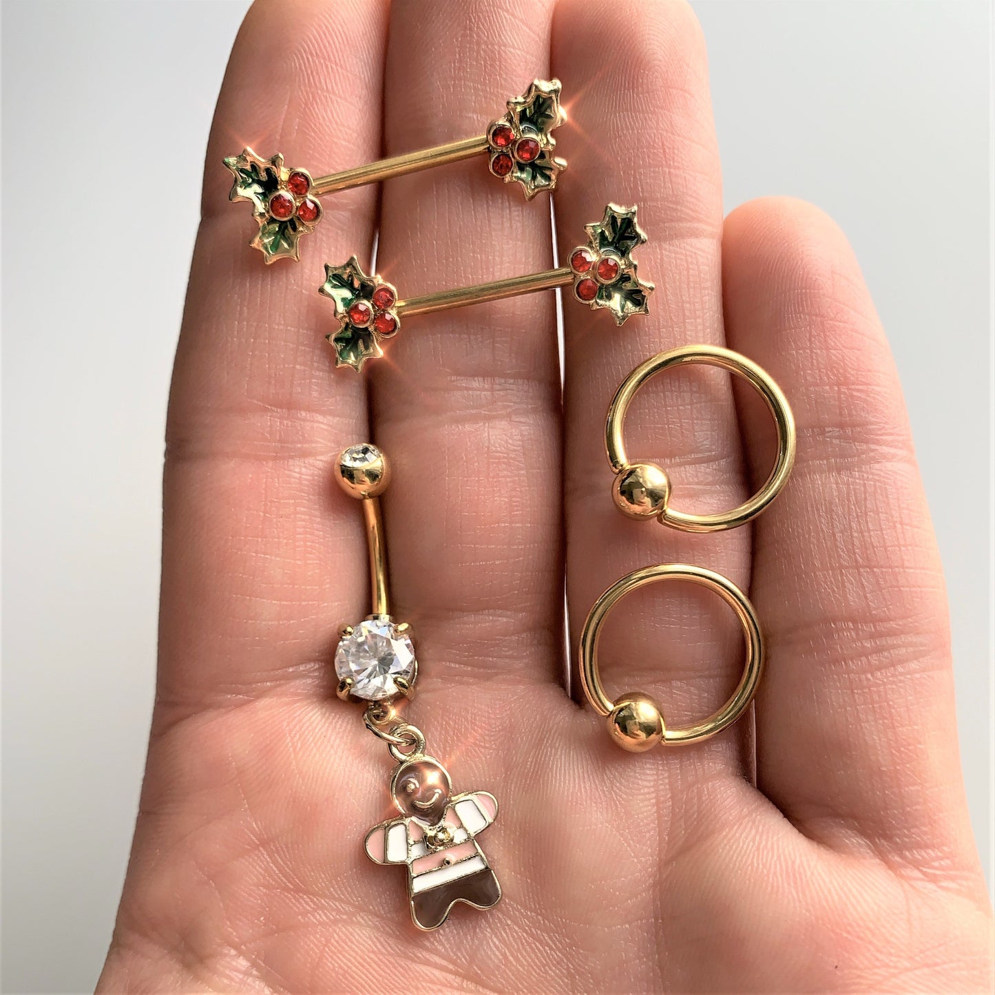 14G Red Gem Gold Tone Holly BCR Barbell Nipple Ring Set of 4