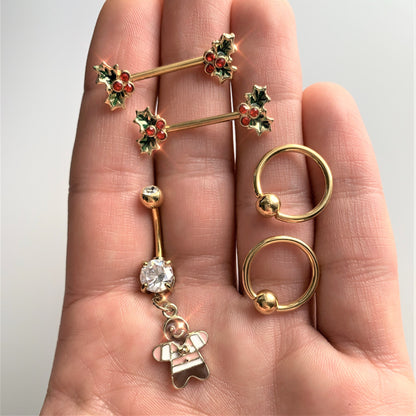 14G Red Gem Gold Tone Holly BCR Barbell Nipple Ring Set of 4