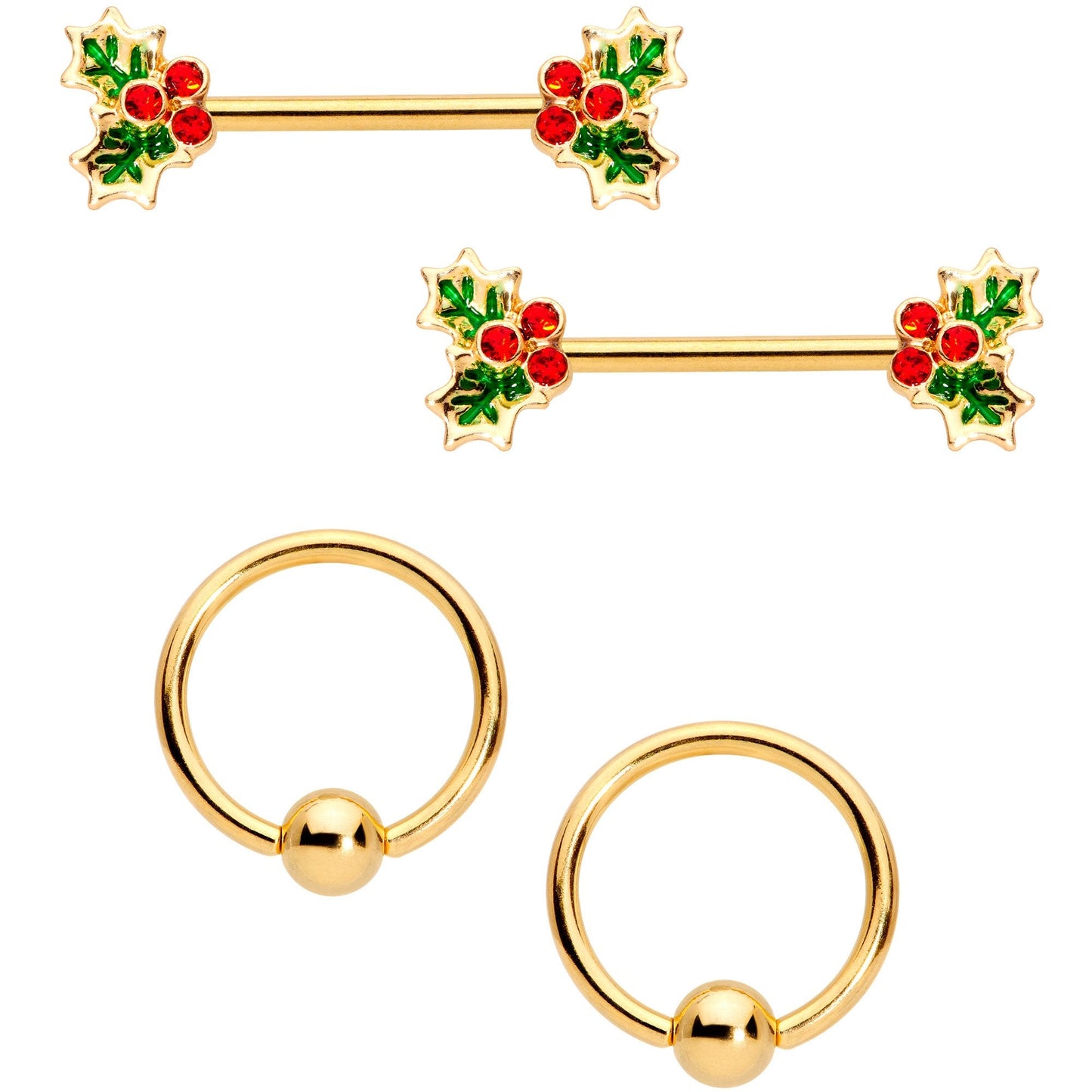 14G Red Gem Gold Tone Holly BCR Barbell Nipple Ring Set of 4