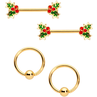14G Red Gem Gold Tone Holly BCR Barbell Nipple Ring Set of 4