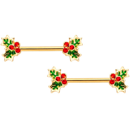 14G Red Gem Gold Tone Holly BCR Barbell Nipple Ring Set of 4