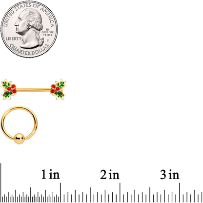 14G Red Gem Gold Tone Holly BCR Barbell Nipple Ring Set of 4