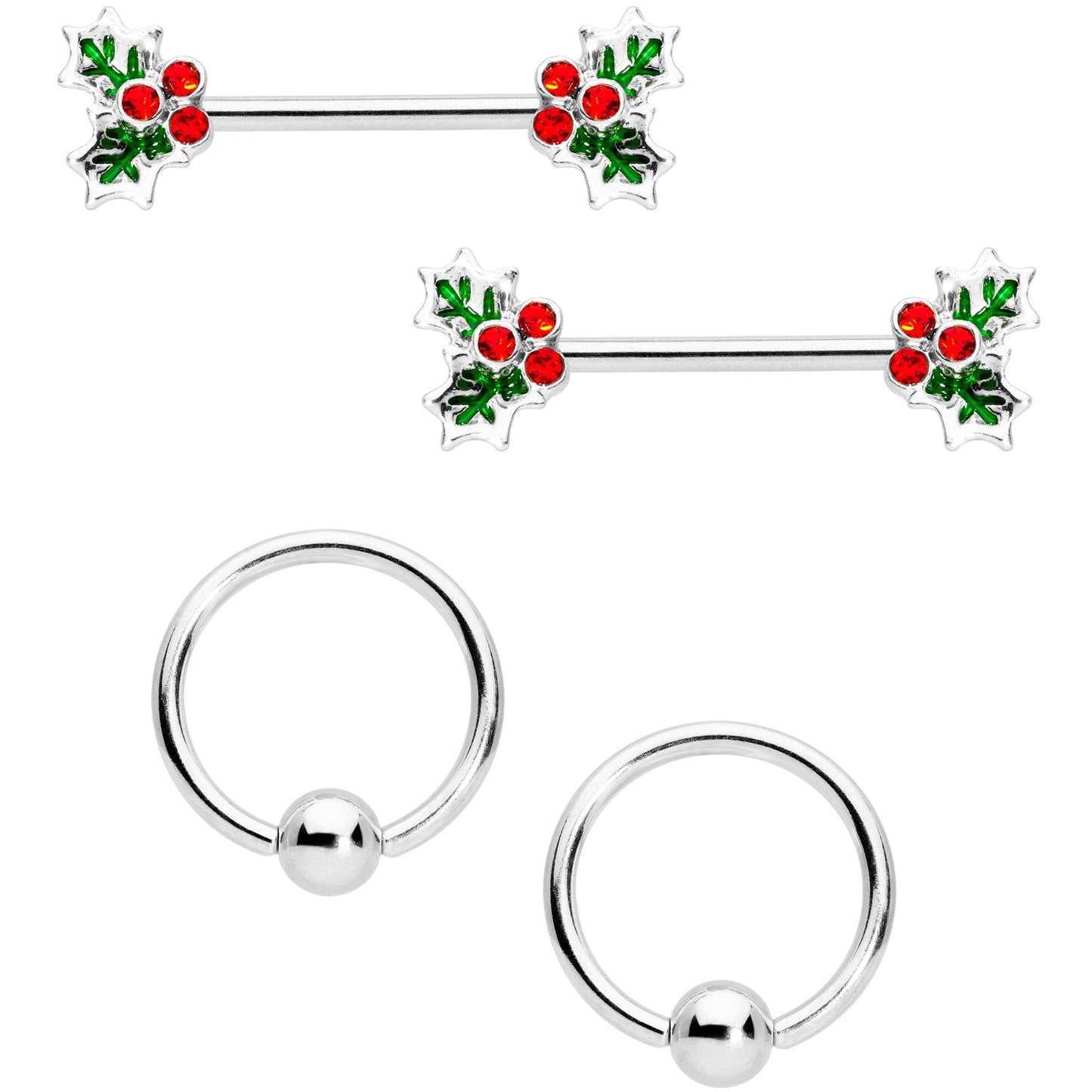 14G Red Gem Color Inlay Holly BCR Barbell Nipple Ring Set of 4