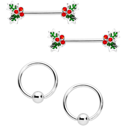 14G Red Gem Color Inlay Holly BCR Barbell Nipple Ring Set of 4