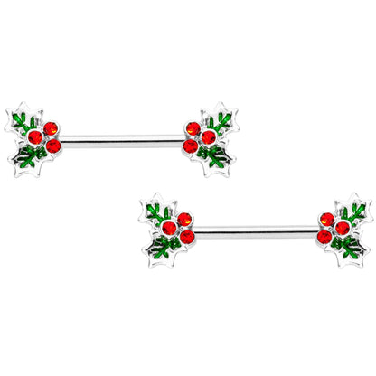 14G Red Gem Color Inlay Holly BCR Barbell Nipple Ring Set of 4
