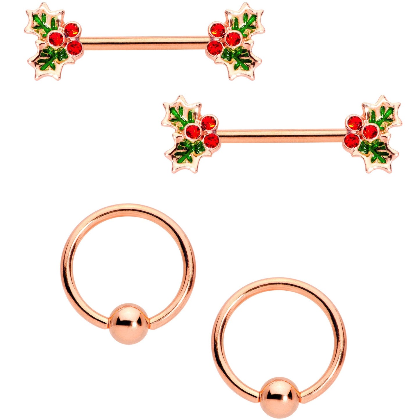 14G Red Gem Rose Gold Tone Holly Captive Barbell Nipple Ring Set