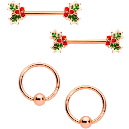 14G Red Gem Rose Gold Tone Holly Captive Barbell Nipple Ring Set