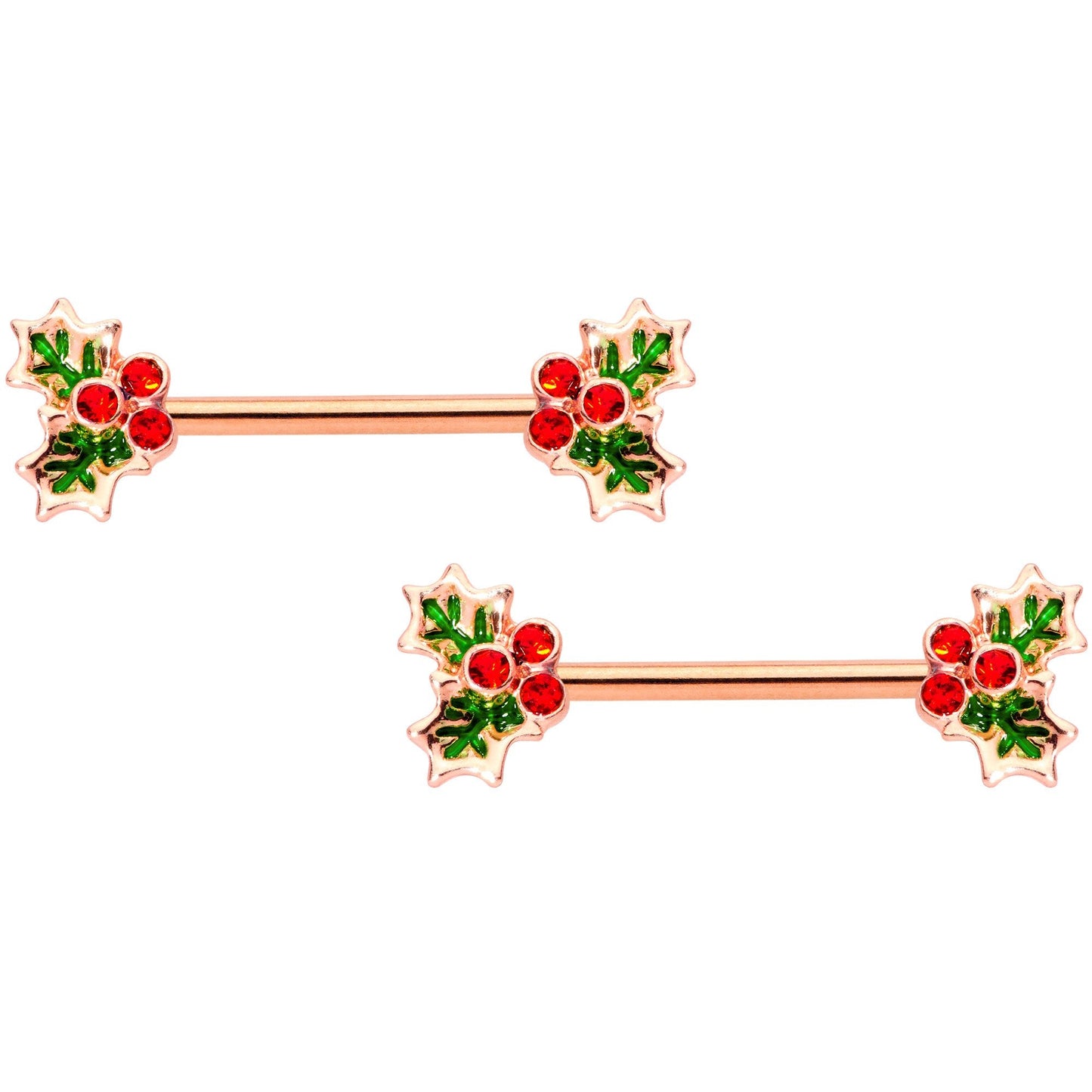 14G Red Gem Rose Gold Tone Holly Captive Barbell Nipple Ring Set