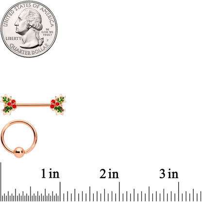 14G Red Gem Rose Gold Tone Holly Captive Barbell Nipple Ring Set