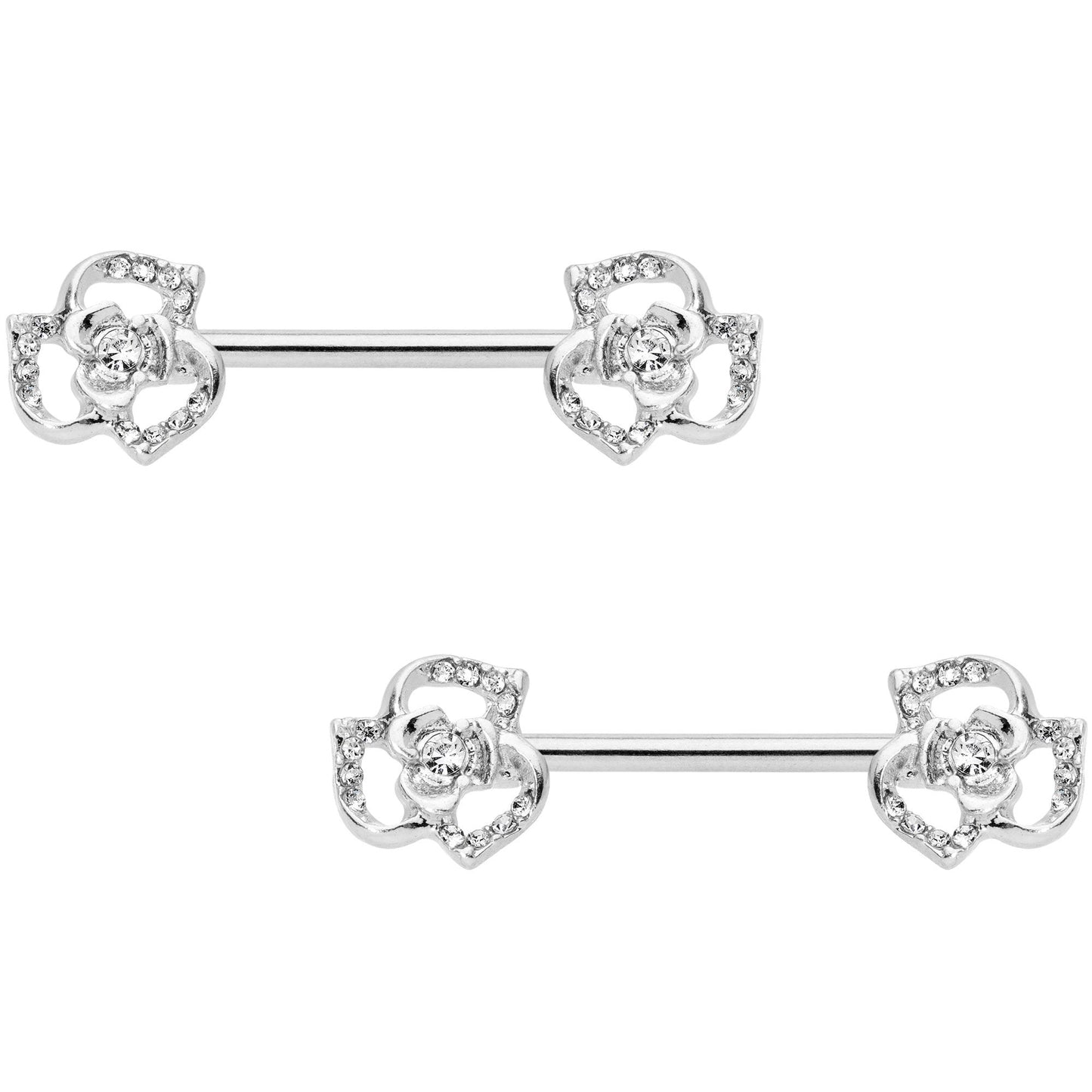 14G 9/16 Clear Gem Full Flower Barbell Nipple Ring Set