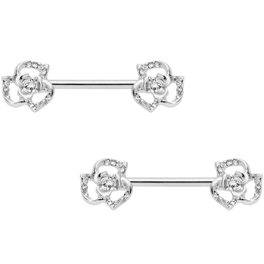 14G 9/16 Clear Gem Full Flower Barbell Nipple Ring Set