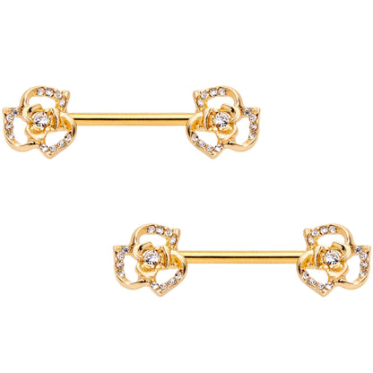 14G 9/16 Clear Gem Gold Tone Full Flower Barbell Nipple Ring Set