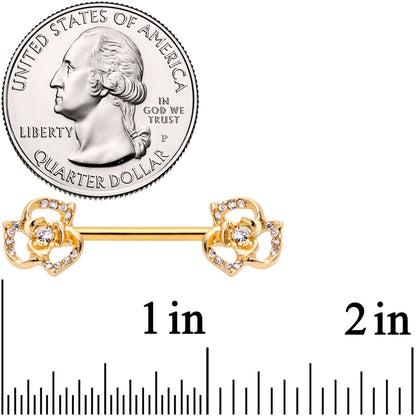 14G 9/16 Clear Gem Gold Tone Full Flower Barbell Nipple Ring Set