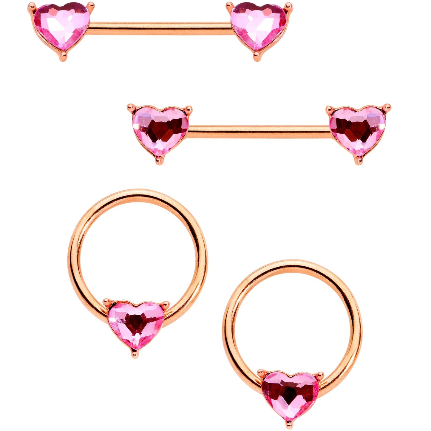 14G Pink Gem Rose Gold Tone Heart BCR Barbell Nipple Ring Set