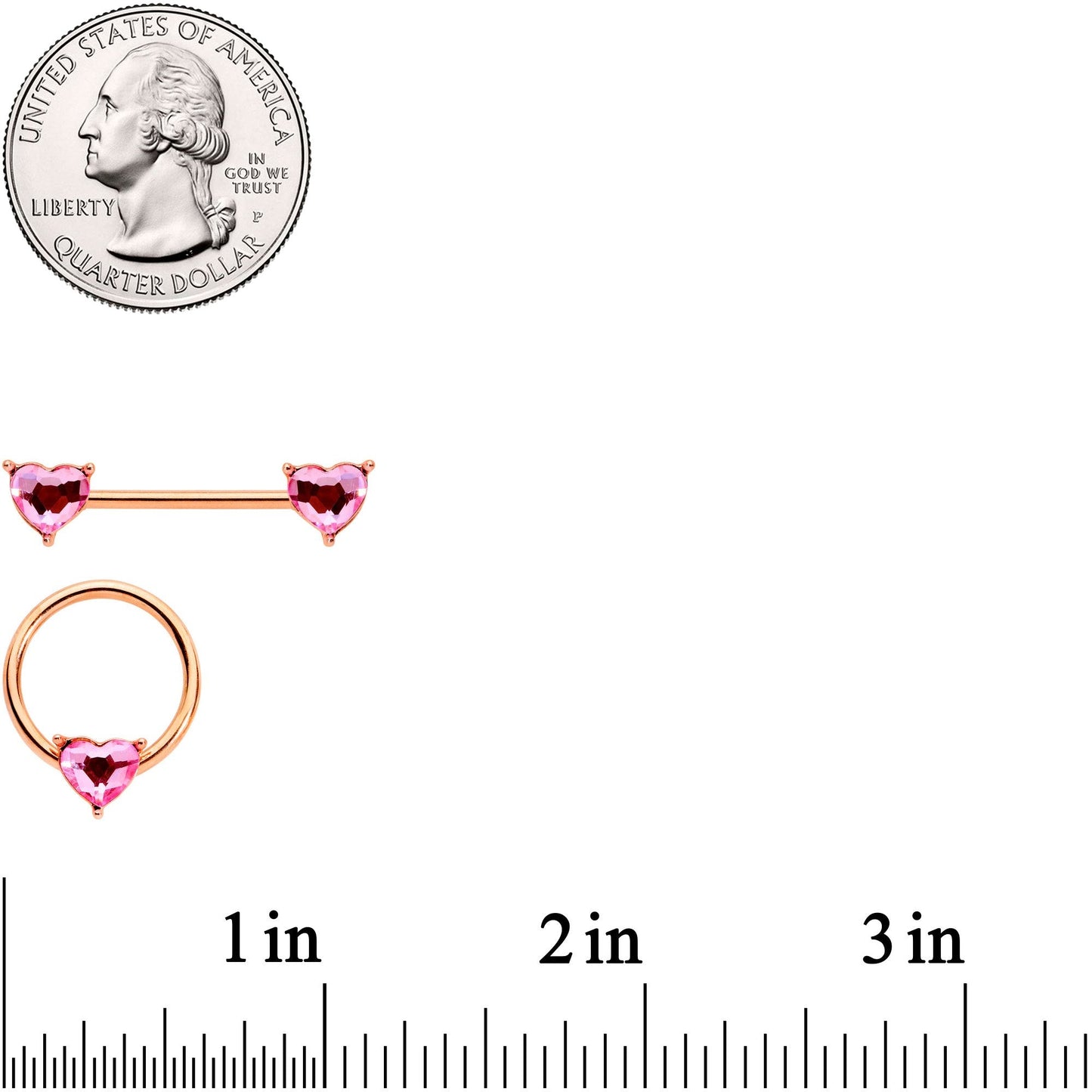 14G Pink Gem Rose Gold Tone Heart BCR Barbell Nipple Ring Set