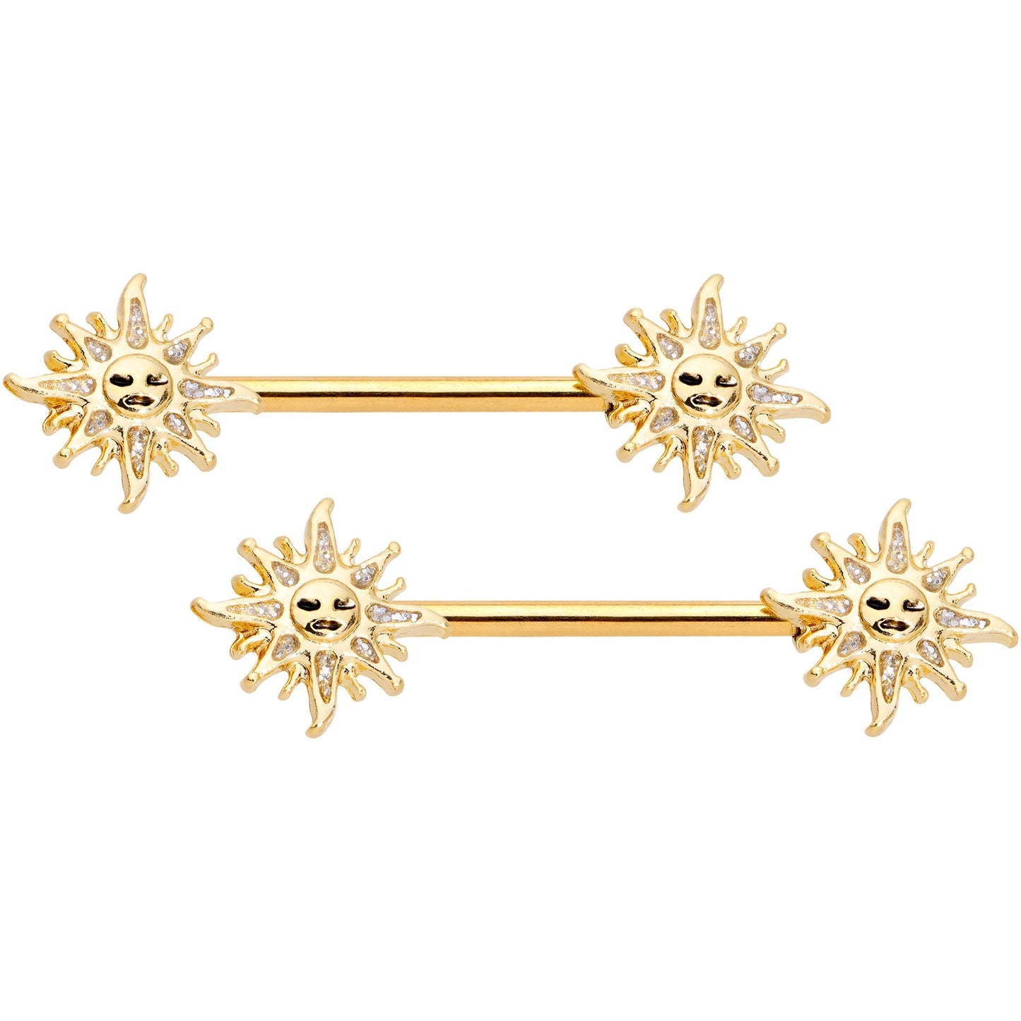 14G 9/16 Gold Tone Happy Sun Barbell Nipple Ring Set