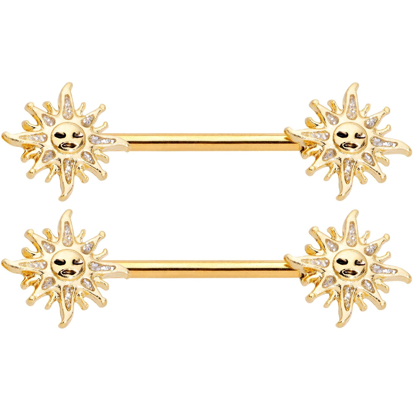 14G 9/16 Gold Tone Happy Sun Barbell Nipple Ring Set