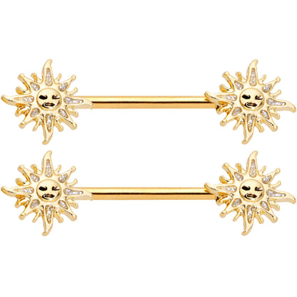 14G 9/16 Gold Tone Happy Sun Barbell Nipple Ring Set