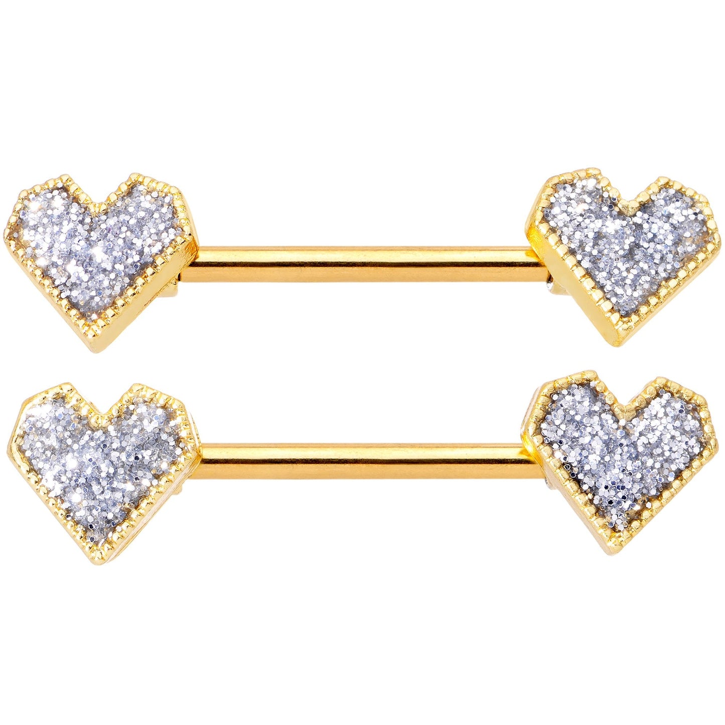 14G 9/16 Gold Tone Valentine Heart Barbell Nipple Ring Set