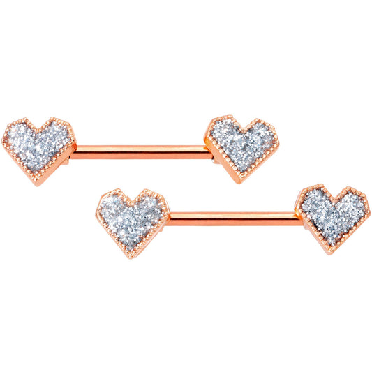 14G 9/16 Rose Gold Tone Valentine Heart Barbell Nipple Ring Set