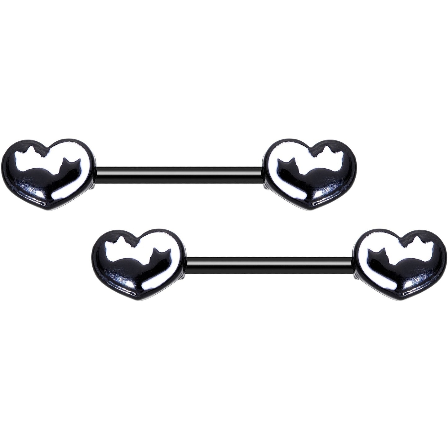14G 9/16 Black White Silhouette Cat Lover Barbell Nipple Ring Set