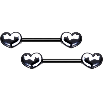 14G 9/16 Black White Silhouette Cat Lover Barbell Nipple Ring Set