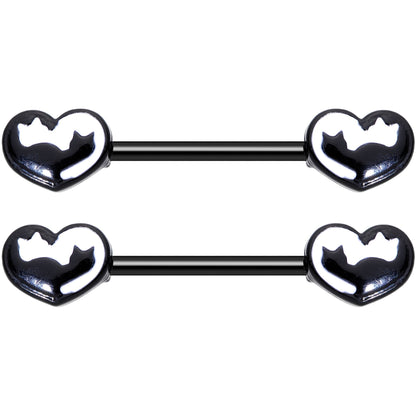 14G 9/16 Black White Silhouette Cat Lover Barbell Nipple Ring Set