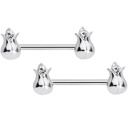 14G 9/16 Clear Gem Tulip Flower Barbell Nipple Ring Set