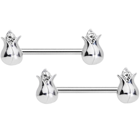 14G 9/16 Clear Gem Tulip Flower Barbell Nipple Ring Set
