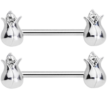 14G 9/16 Clear Gem Tulip Flower Barbell Nipple Ring Set