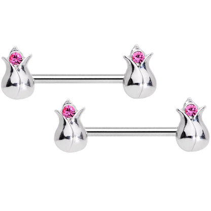 14G 9/16 Pink Gem Tulip Flower Barbell Nipple Ring Set