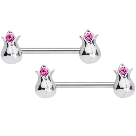 14G 9/16 Pink Gem Tulip Flower Barbell Nipple Ring Set