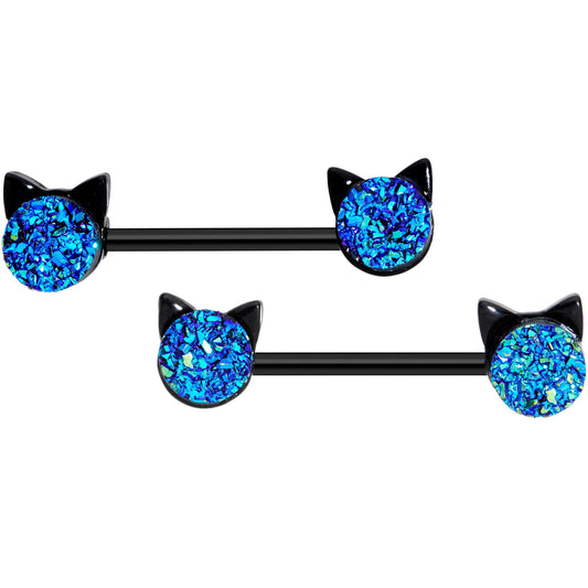 14G 9/16 Blue Faux Druzy Cat Head Barbell Nipple Ring Set