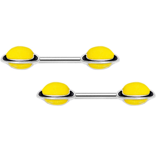 14G 9/16 Yellow Glow in the Dark Saturn Barbell Nipple Ring Set