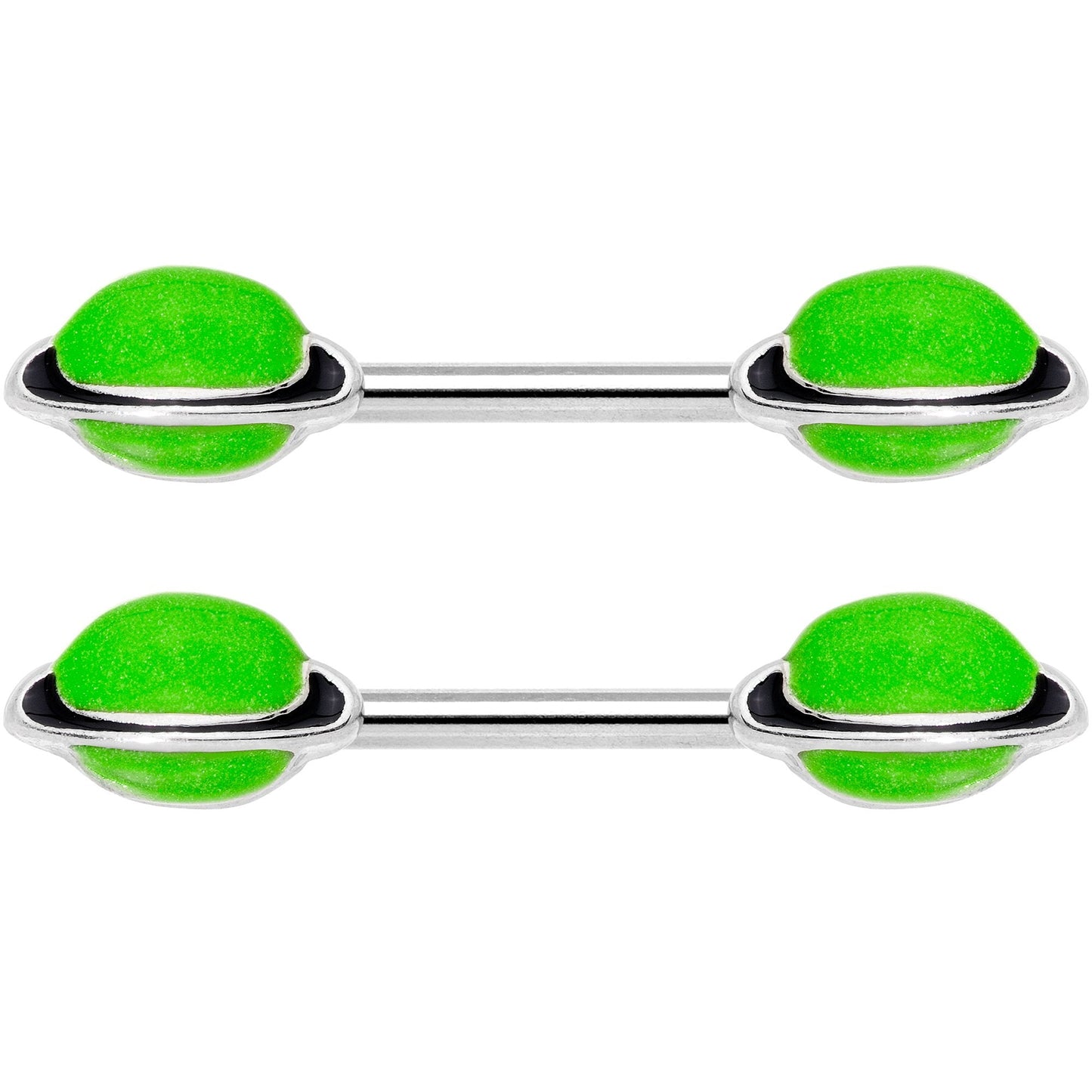 14G 9/16 Green Glow in the Dark Saturn Barbell Nipple Ring Set