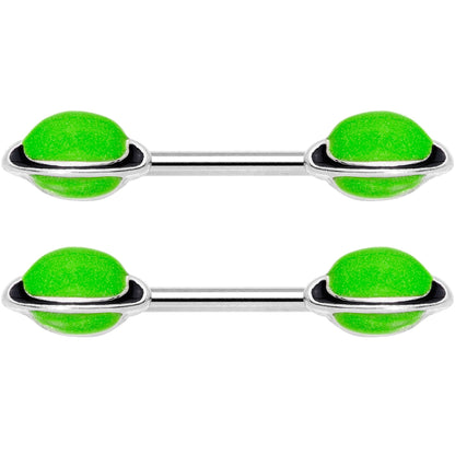 14G 9/16 Green Glow in the Dark Saturn Barbell Nipple Ring Set