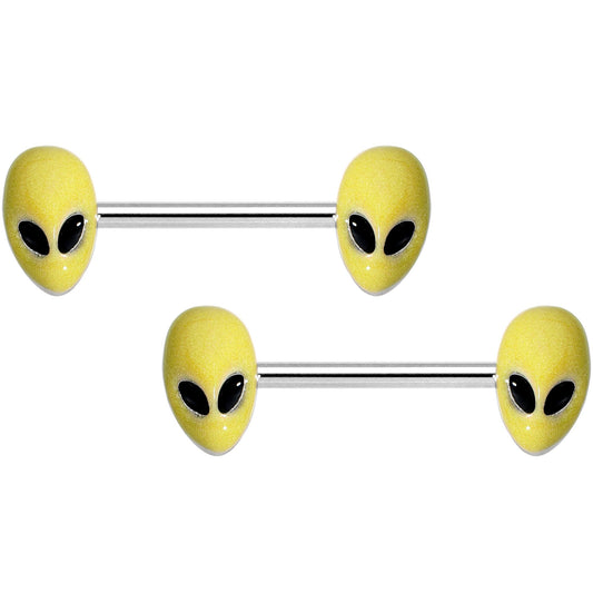 14G 9/16 Yellow Glow in the Dark Aliens Barbell Nipple Ring Set
