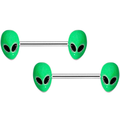 14G 9/16 Green Glow in the Dark Aliens Barbell Nipple Ring Set