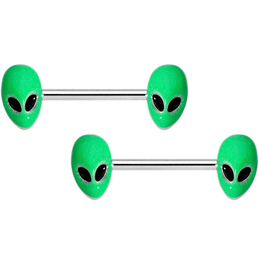 14G 9/16 Green Glow in the Dark Aliens Barbell Nipple Ring Set