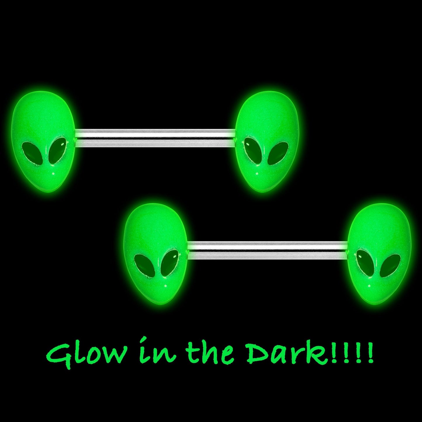 14G 9/16 Green Glow in the Dark Aliens Barbell Nipple Ring Set