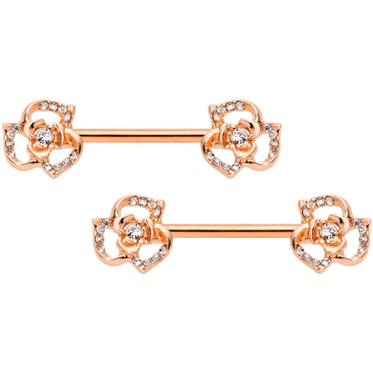 14G 9/16 Clear Gem Rose Gold Tone Flower Barbell Nipple Ring Set