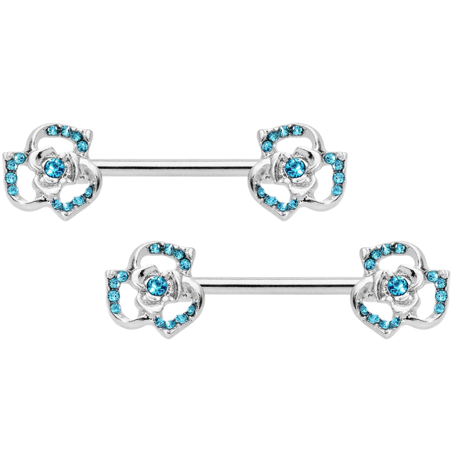 14G 9/16 Blue Gem Rose Flower Barbell Nipple Ring Set