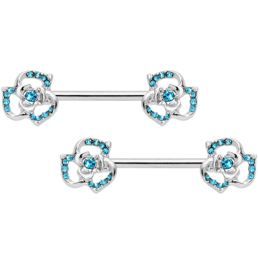 14G 9/16 Blue Gem Rose Flower Barbell Nipple Ring Set