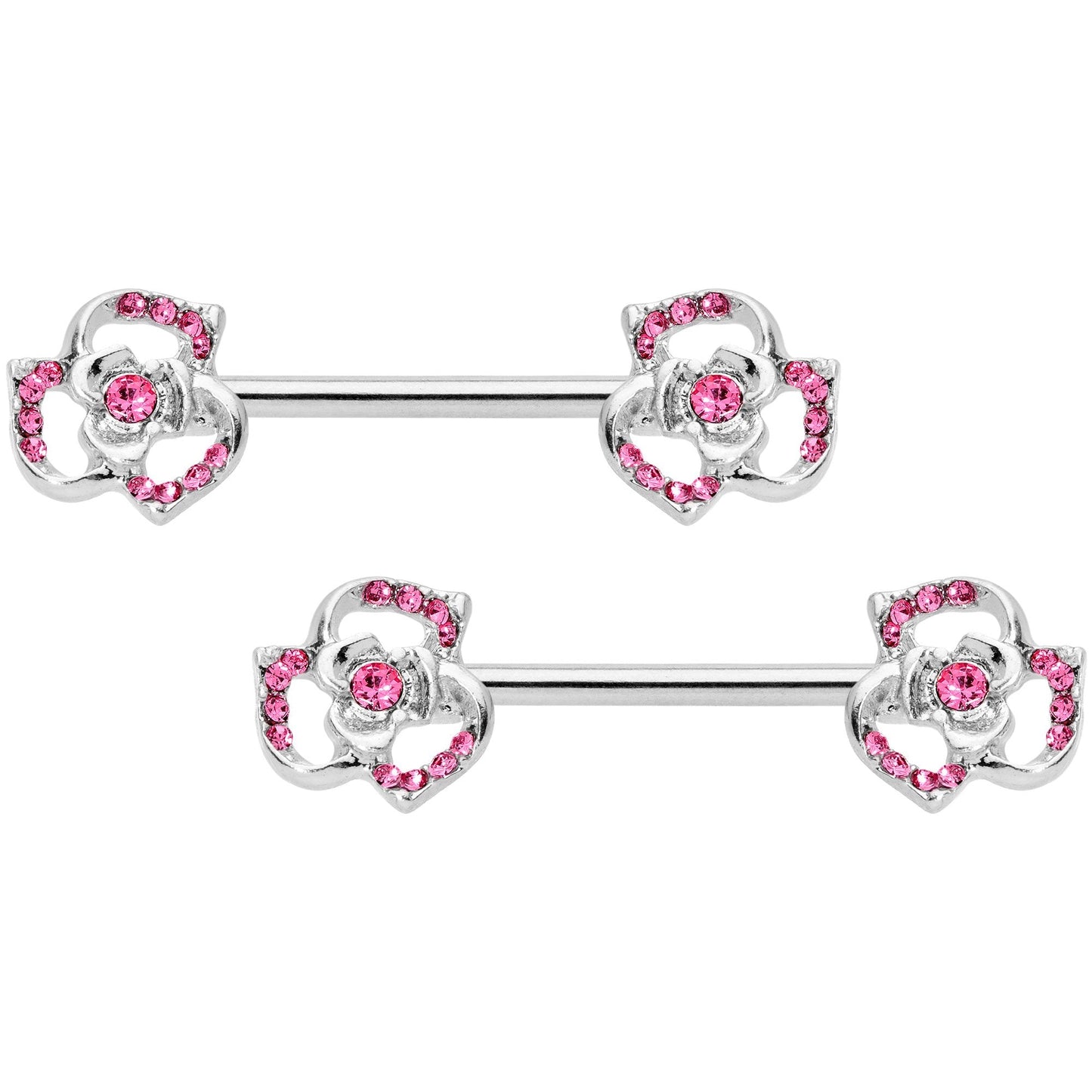 14G 9/16 Pink Gem Rose Flower Barbell Nipple Ring Set
