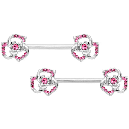 14G 9/16 Pink Gem Rose Flower Barbell Nipple Ring Set