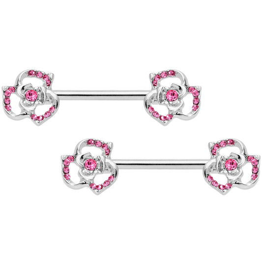 14G 9/16 Pink Gem Rose Flower Barbell Nipple Ring Set