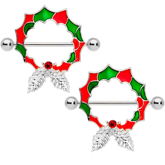 14G 25mm Red Gem Happy Holiday Wreath Nipple Shield Set