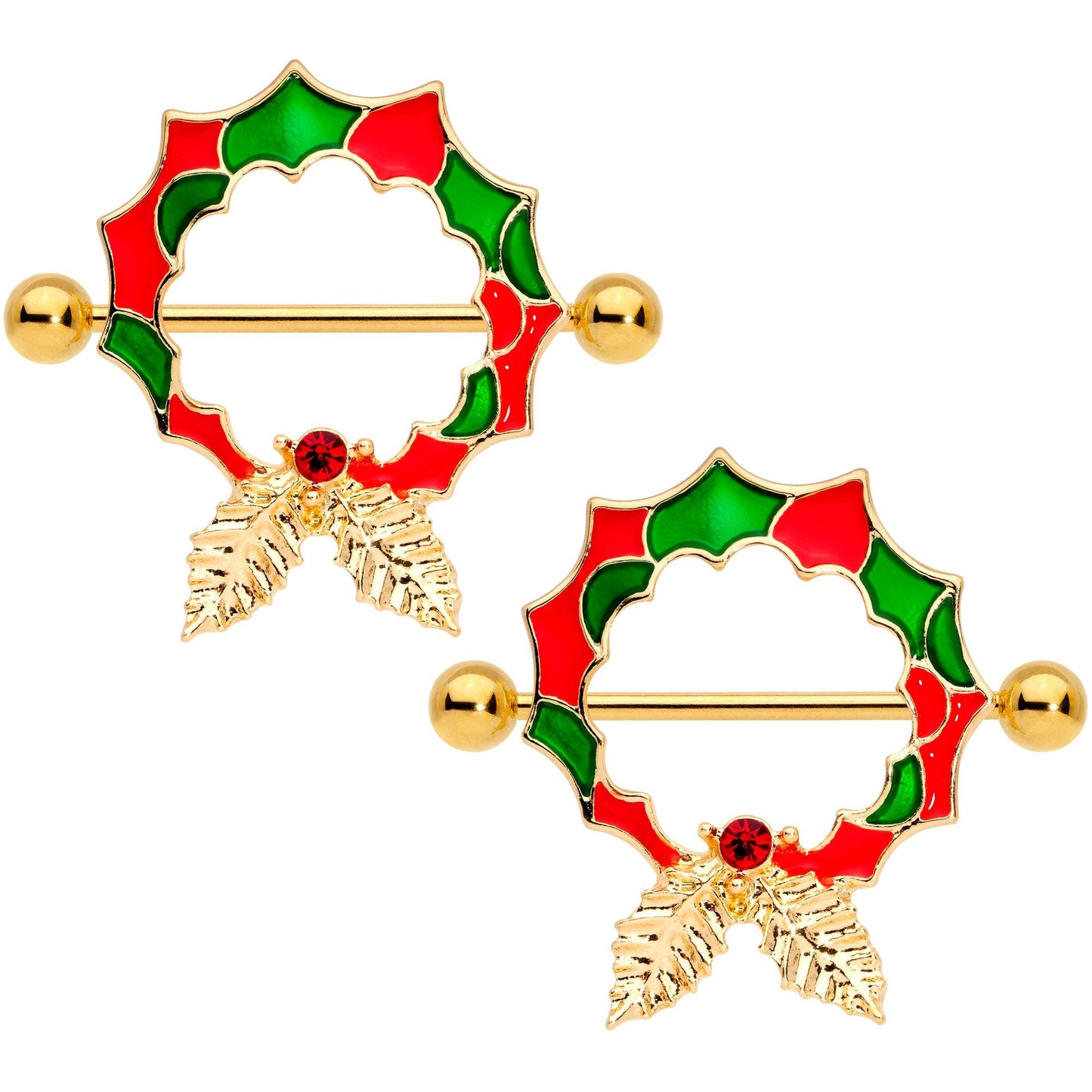 14G 25mm Red Gem Gold Tone Happy Holiday Wreath Nipple Shield Set