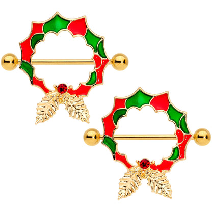 14G 25mm Red Gem Gold Tone Happy Holiday Wreath Nipple Shield Set