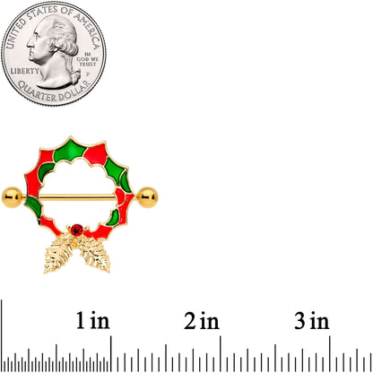 14G 25mm Red Gem Gold Tone Happy Holiday Wreath Nipple Shield Set